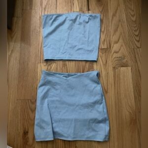 Blue matching tube top and skirt set for summer or beach